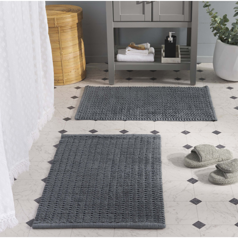 Oliva Textured Hatched Hand Woven Cotton Machine Washable Solid Color Bathmat, Dark Gray