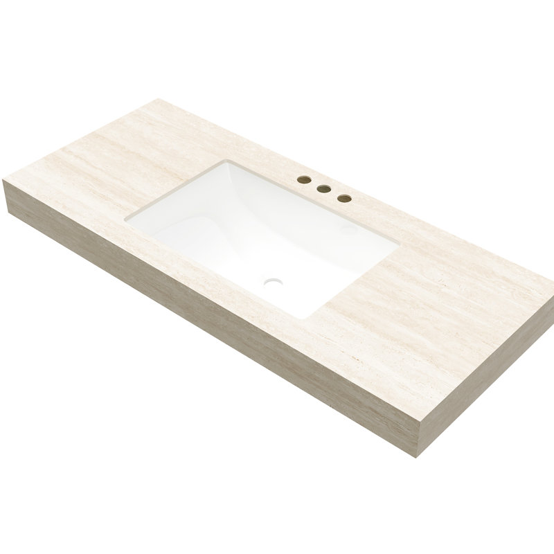 Comptoir en pierre frittée de 48 po à motif avec cuve en céramique encastrée et trois trous de robinet pré-percés standard, beige, profondeur 47,39 po, largeur 18,4 po, hauteur 8,47 lb, résistance tenace à