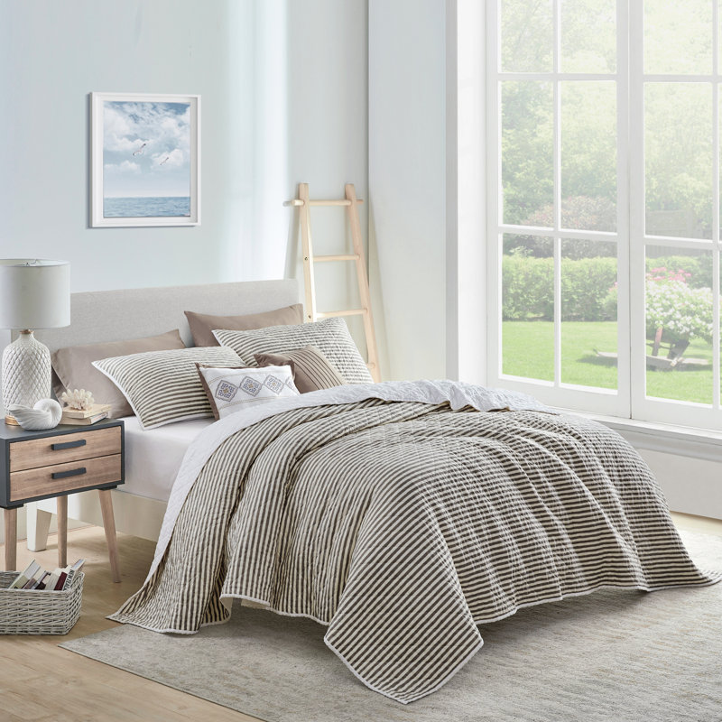 Queen Size White and Brown Striped Cotton Quilt Set with Shams and Throw Pillows