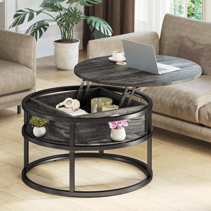 Rothwell 31.5"W Lift Top Extendable Round Frame Coffee Table with Storage, Wooden Brown, Black