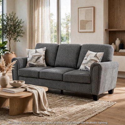 Loi Sofa w 2 Pillows, Flared Arms, Dark Gray Chenille, Black 85 Inch