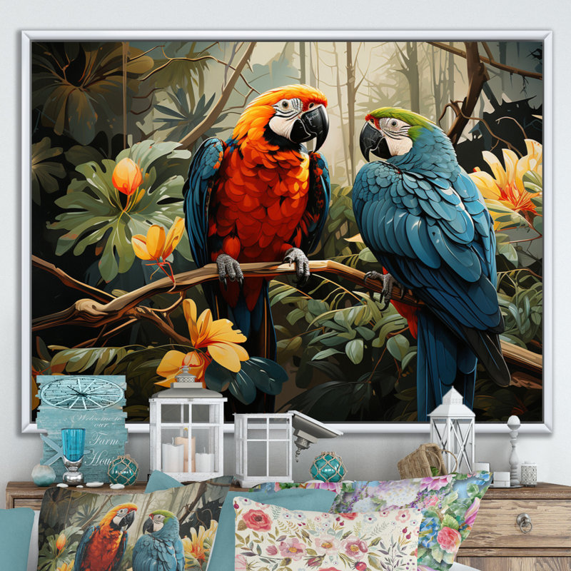«Tropical Parrot Plumage I», art mural grand perroquet, H 34 po x l 44 po x P 1,5 po, Cadre flottant blanc