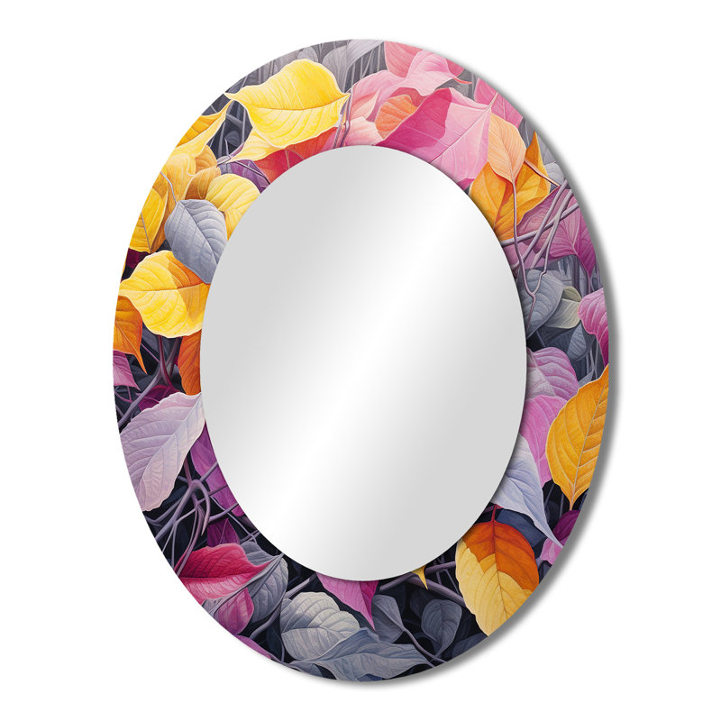 Feuilles roses et jaunes en hiver - Grand miroir mural ovale sur métal, 43 po x 33 po