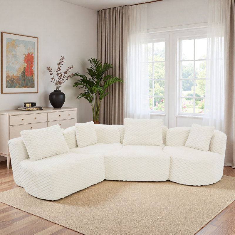 Modular Sectional Sofa With Rounded Silhouette And Pillows, White