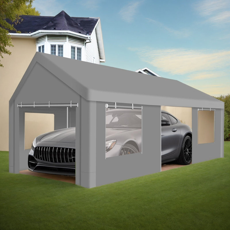 Auvent pour voiture 12 x 20 pi avec fenêtres de ventilation enroulables, Gris