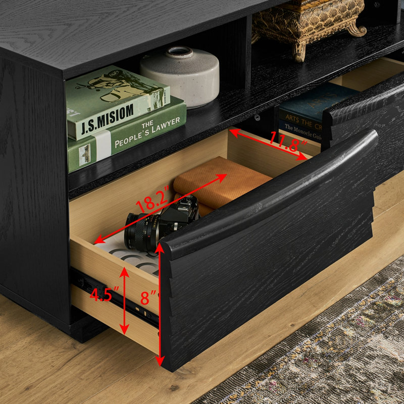 Mid-Century Modern TV Stand with 3 Drawers & Outlet Holes, Black