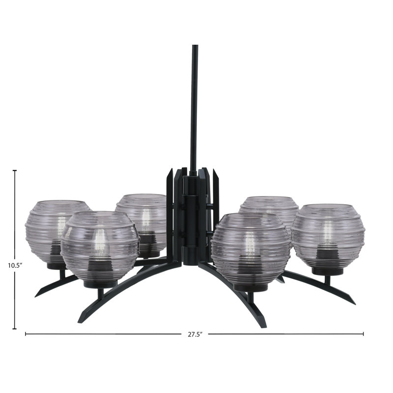 Lustre lumineux en verre nervuré fumée de 6 po, H 58,25 po x l 27,5 po x P 27,5 po, Noir mat, 6