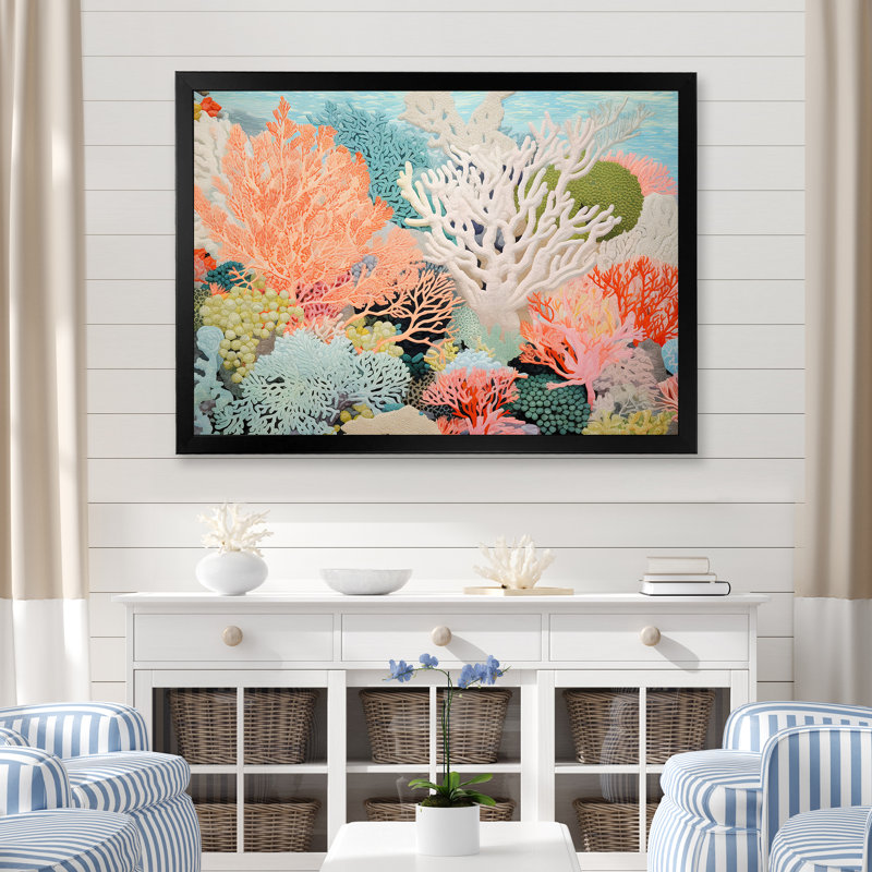 «Colorful Coral and Anemones Scenery I - Coastal Coral Under Water», reproduction d'art sur toile encadrée, Cadre simple noir