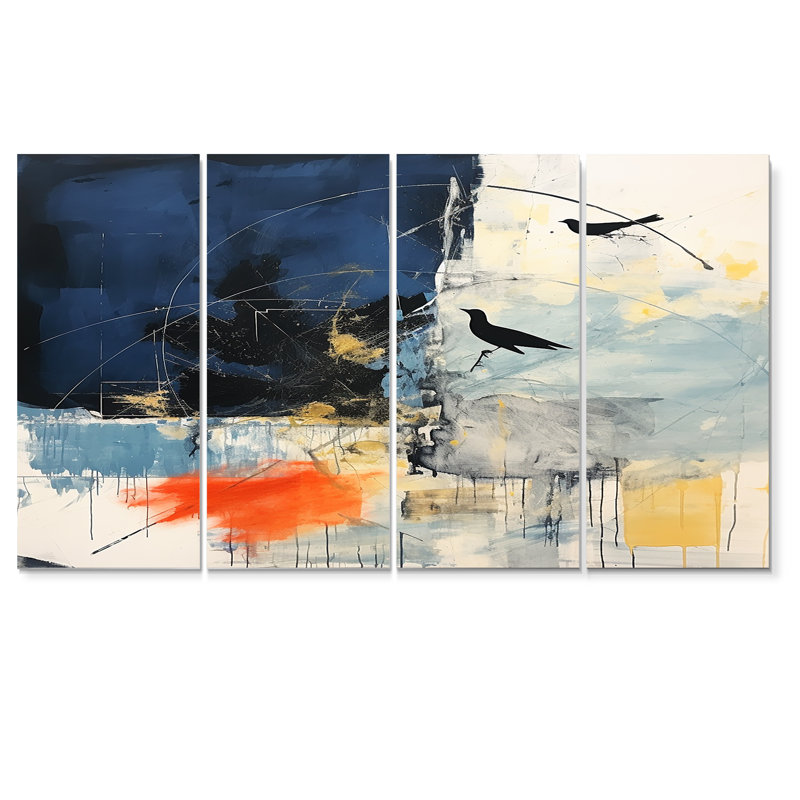 Deux oiseaux dans des tons de bleu - ensemble d'art mural paysage abstrait 4 pièces, H 32 po x l 64 po