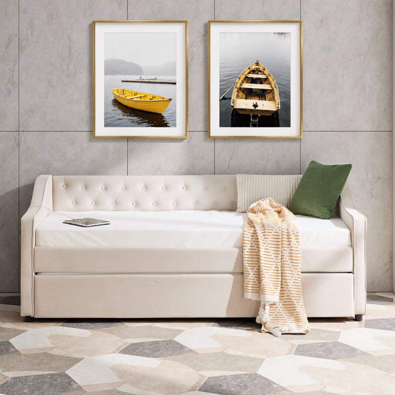 Velvet Daybed with Trundle, USB Port & Side Pockets | Button Tufted Back, Waved Arms with Piping | Space‑Saving Sofa Bed for Bedroom, Guest Room, or Living Room