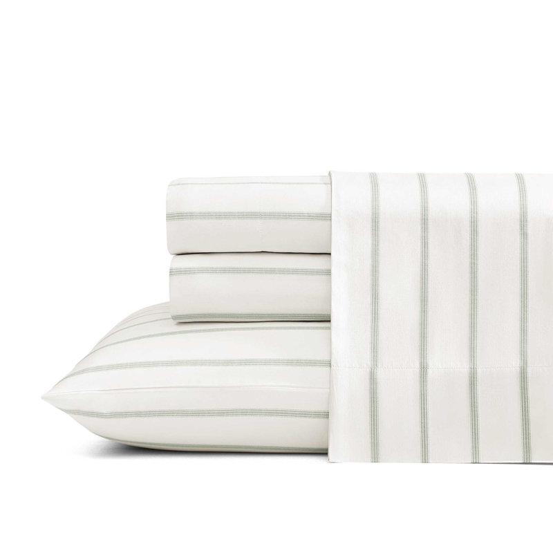 Tommy Bahama La Vida Stripe Cotton Sheet Set, Queen Sheet Set with 2 Pillowcases, Beige Palm Leaf