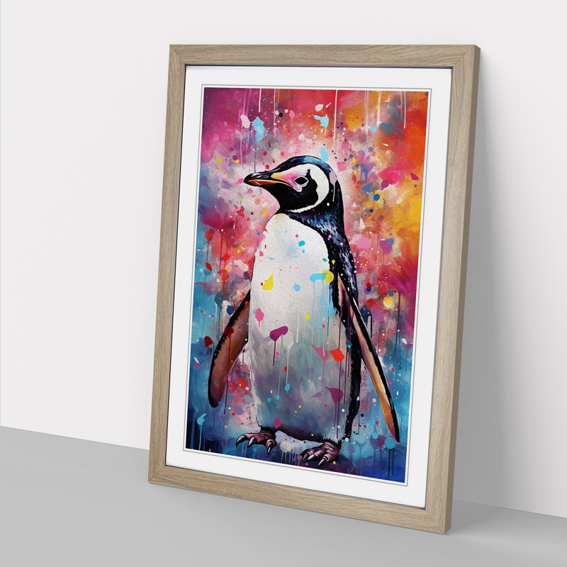 Penguin Abstract - Single Picture Frame Print on Wood, 46cm H x 34cm W x 2cm D, Oak Framed