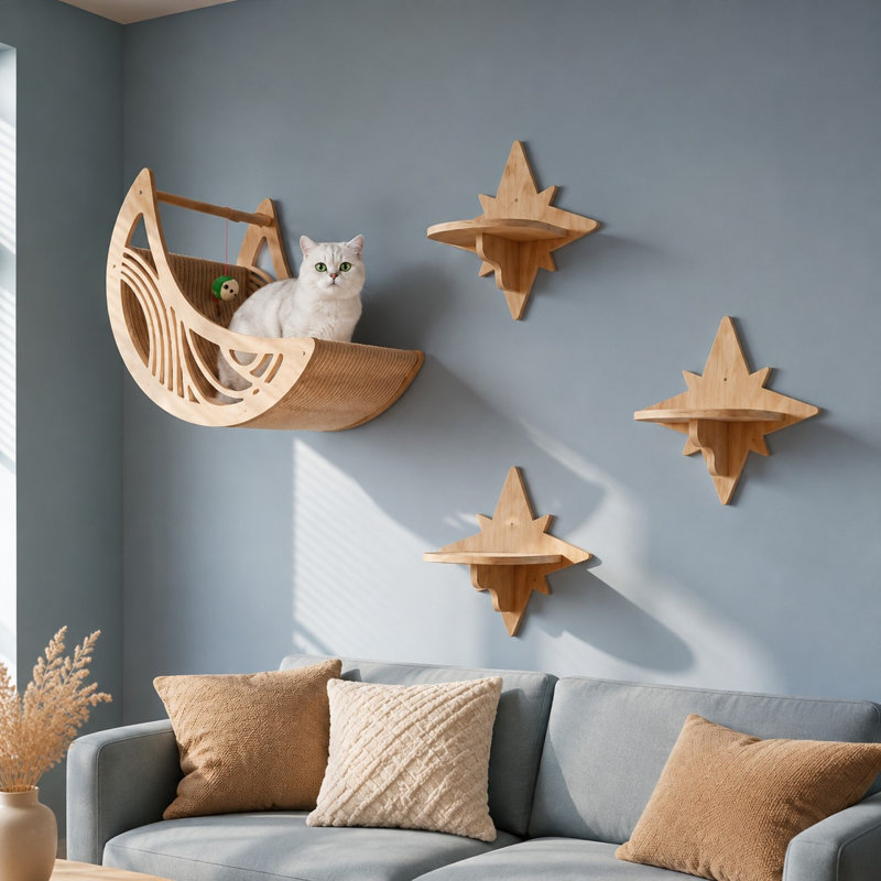 Des découpes décoratives en forme de lune et d'étoiles composent ce système d'escalade murale en bois pour chats d'intérieur ; ces tablettes modernes pour chatons sont peu encombrantes, stables et sécuritaires, peuvent être peintes et sont pré-percées.
