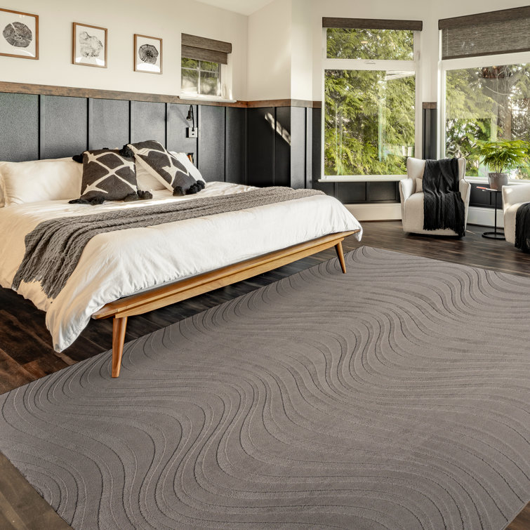 Comhan Lomira Silver Gray Modern Wave Hi-Low Carved Indoor Shag Area Rug, Plush Polyester – Living Room & Bedroom