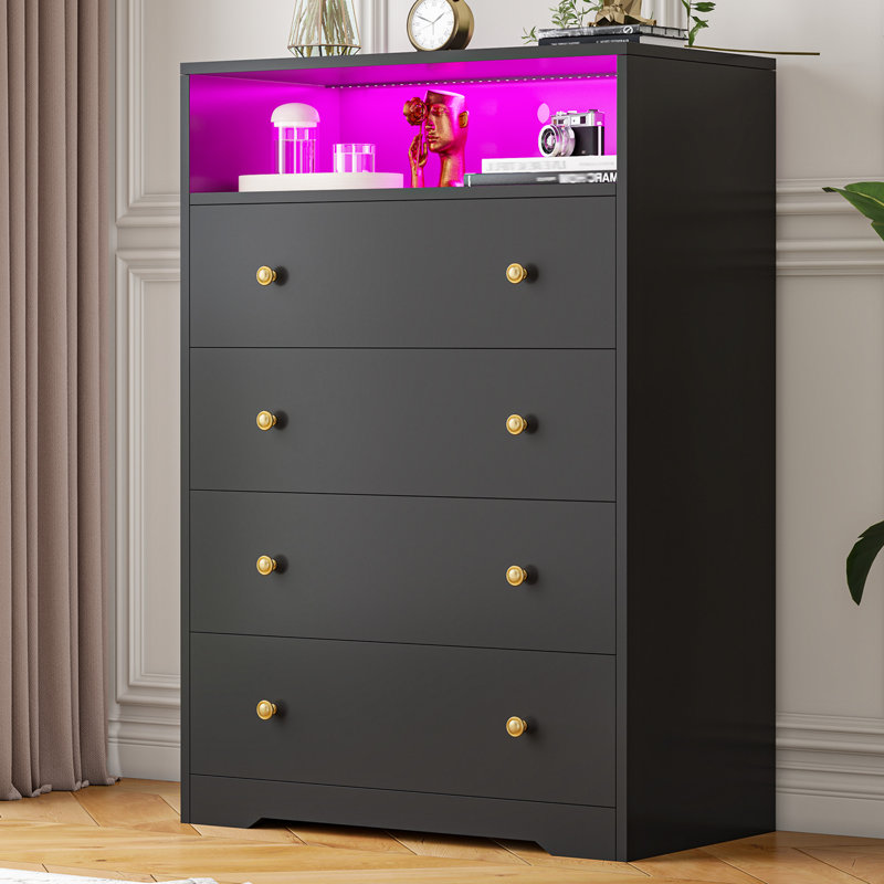 4 Drawer Dresser With Led Light, Wood Dresser For Bedroom With Open Shelves, Black/Gold