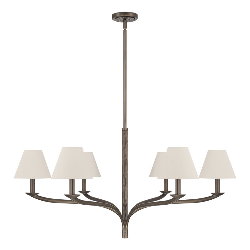 Lustre en bronze forgé à 6 lumières 42 pouces avec abat-jour en lin naturel Petrillo, 21.25" H x 42" W x 42" D