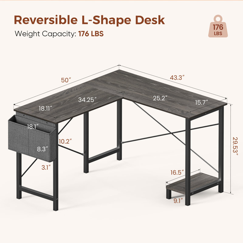 Bureau de coin en L de 127 cm avec sac de rangement et tablette, et chaise de bureau sans accoudoirs en cuir PU : ensemble de bureau complet pour le travail à domicile