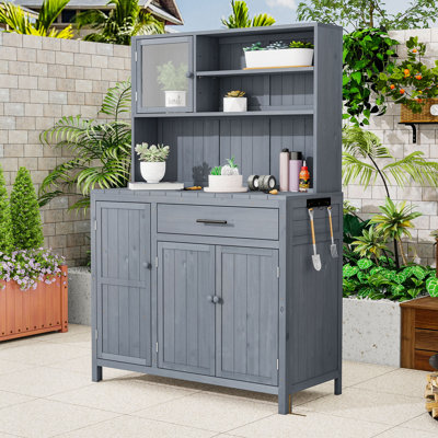 Wood Potting Bench with Hutch, Adjustable Shelves, Drawer, Spice Rack and Side Hooks