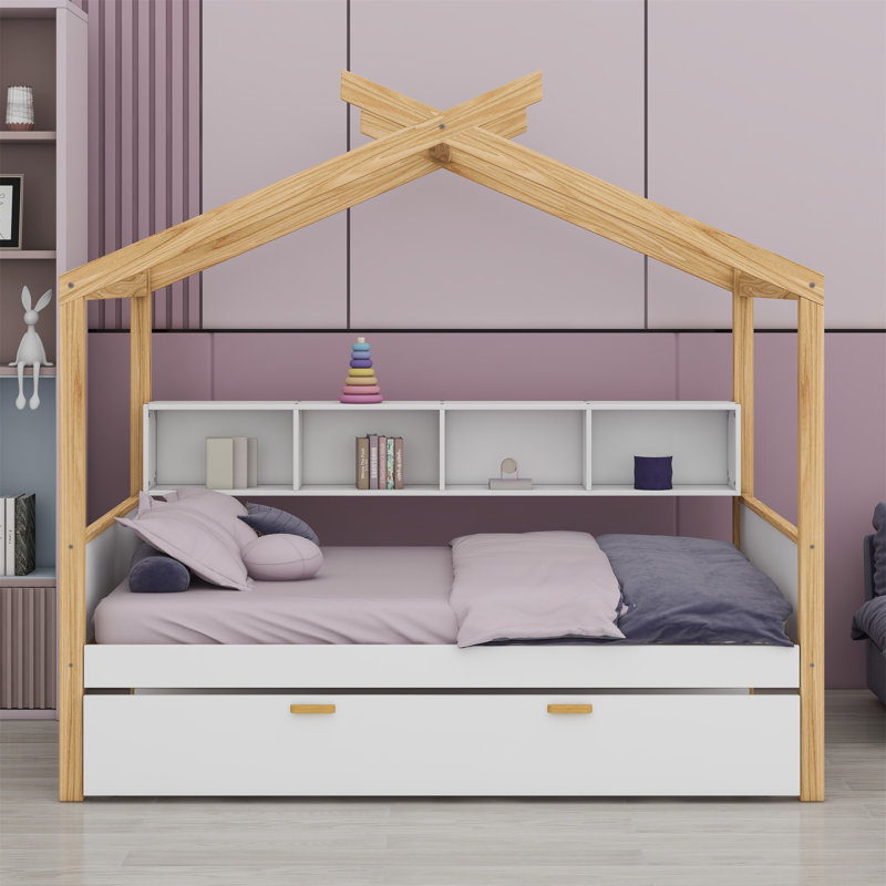 Lit en bois avec lit gigogne et bibliothèque