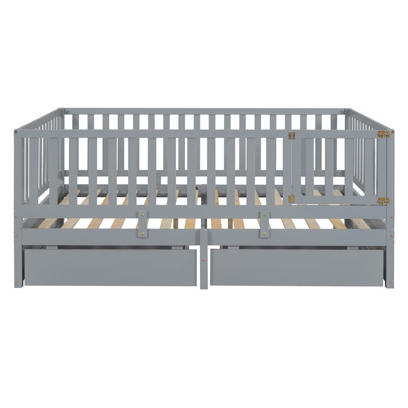  Wood Daybed with Fence Guardrails, 2 Storage Drawers, Convertible Floor Bed, and Shelving for Multi-Functional Use, Grey