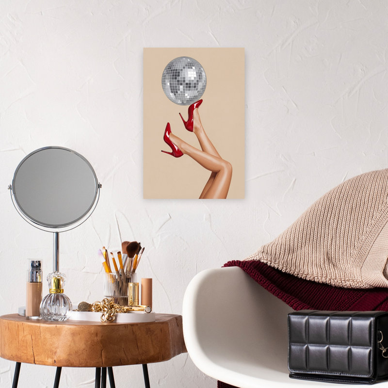 Art mural contemporain abstrait à talons aiguilles et boule disco, H 18 po x l 12 po