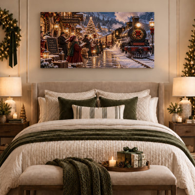 Steam Train At Snowy Station With Carolers Christmas Canvas Wall Art