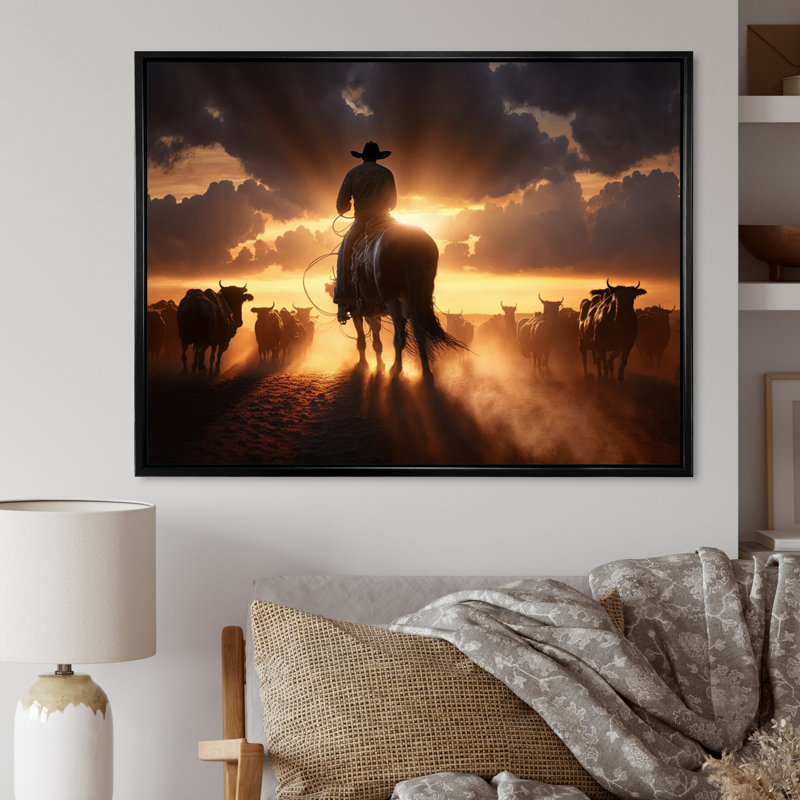 Narvin Wrangler In Sunset IV - art mural coucher de soleil, H 24 po x l 32 po x P 1 po, Cadre flottant noir