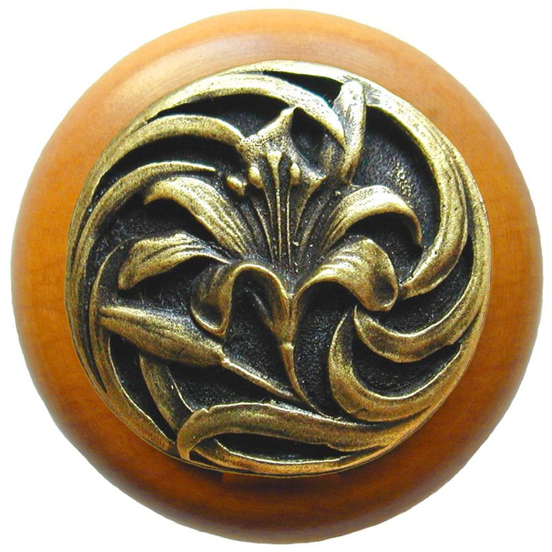Floral Mushroom Knob, Antique Brass / Maple Wood