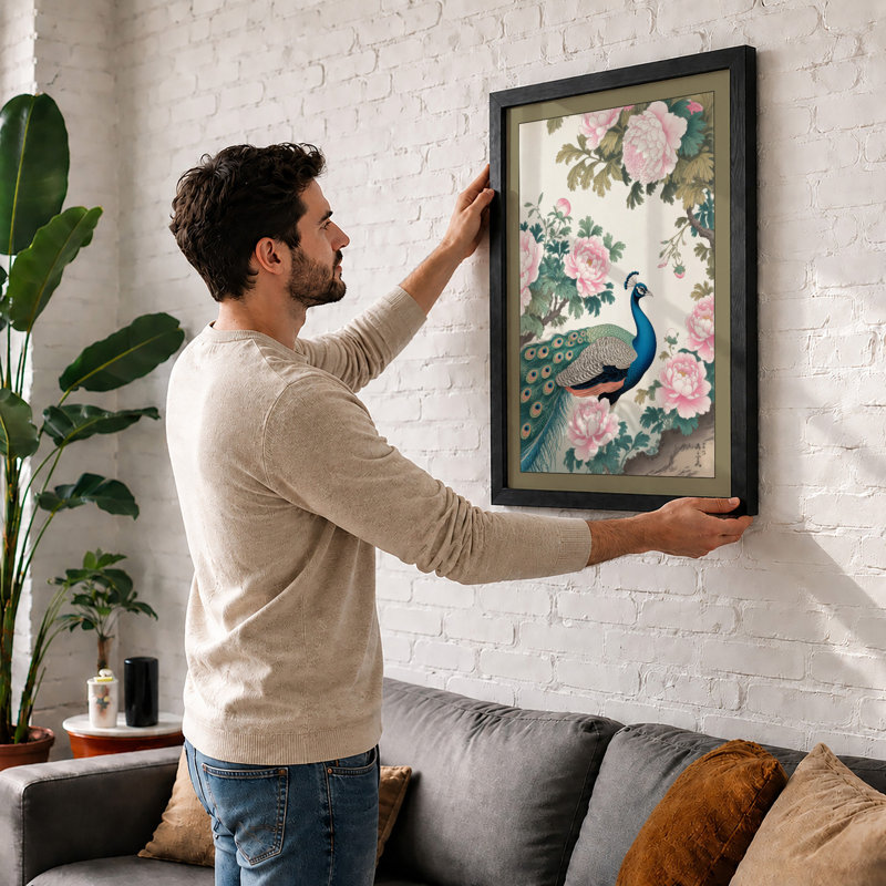 Peacock Among Roses Japandi - Framed Print, Oak, A4 - 29.7 x 21.0 cm