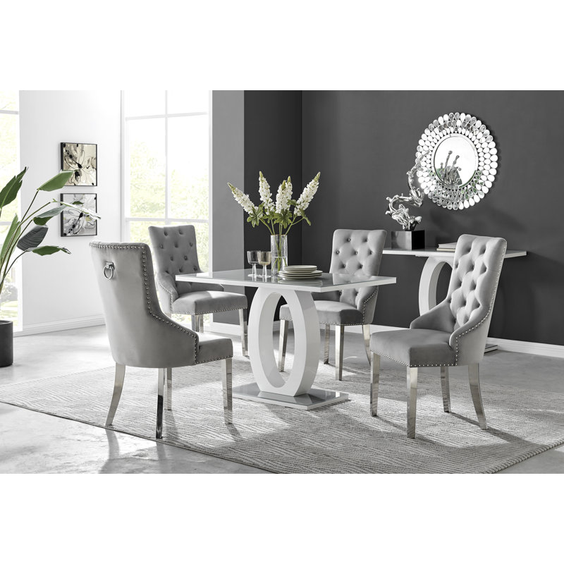 Scottsmoor Halo Dining Table Set in Modern High Gloss with 4 Luxury Velvet Dining Chairs, Gray