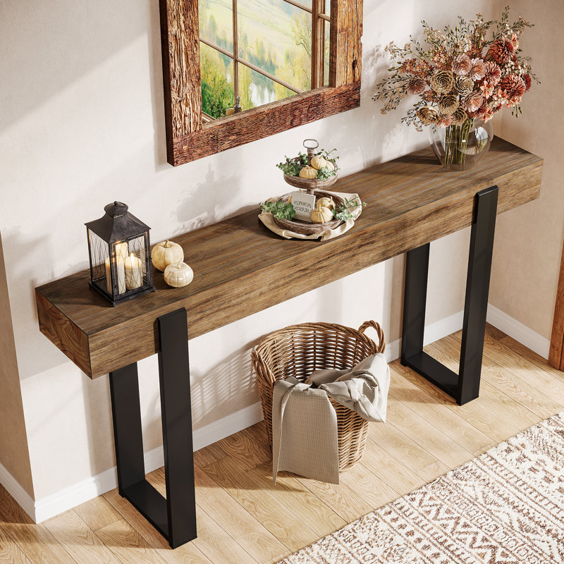 63-Inch Long Solid Wood Sofa Console Table Behind the Couch, Metal Support, Farmhouse Entryway Furniture for Entrance, Hallway, Living Room, Rustic Brown & Black