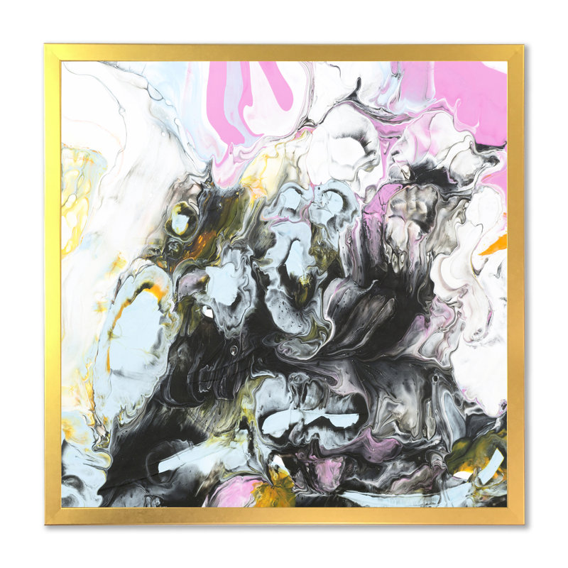 Noir et rose sur blanc - reproduction d'art moderne sur toile, H 31,5 po x l 30 po, Cadre doré