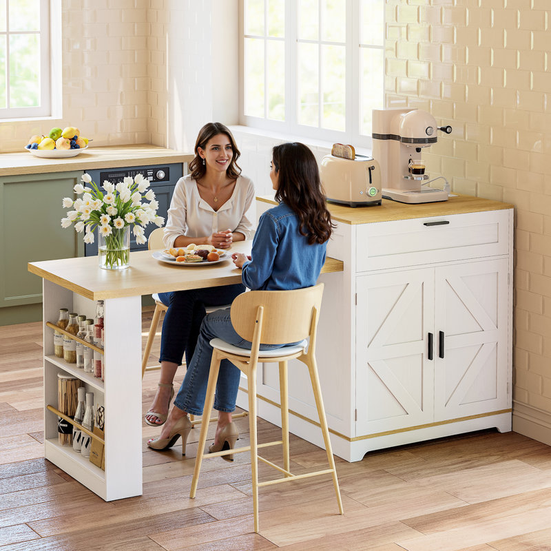 67.7" extendable kitchen island For Seating 2-6, Island Table For Kitchen with power outlet, Drawer, Sided Storage, Spice Racks, White