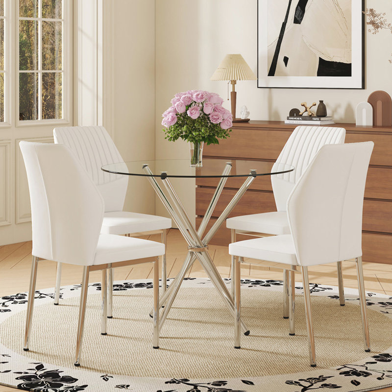 Ensemble de salle à manger 5 pièces avec table ronde en verre trempé de 36,6 po et chaises - Style moderne et luxueux pour le salon et la cuisine. Convient à divers styles de décoration intérieure