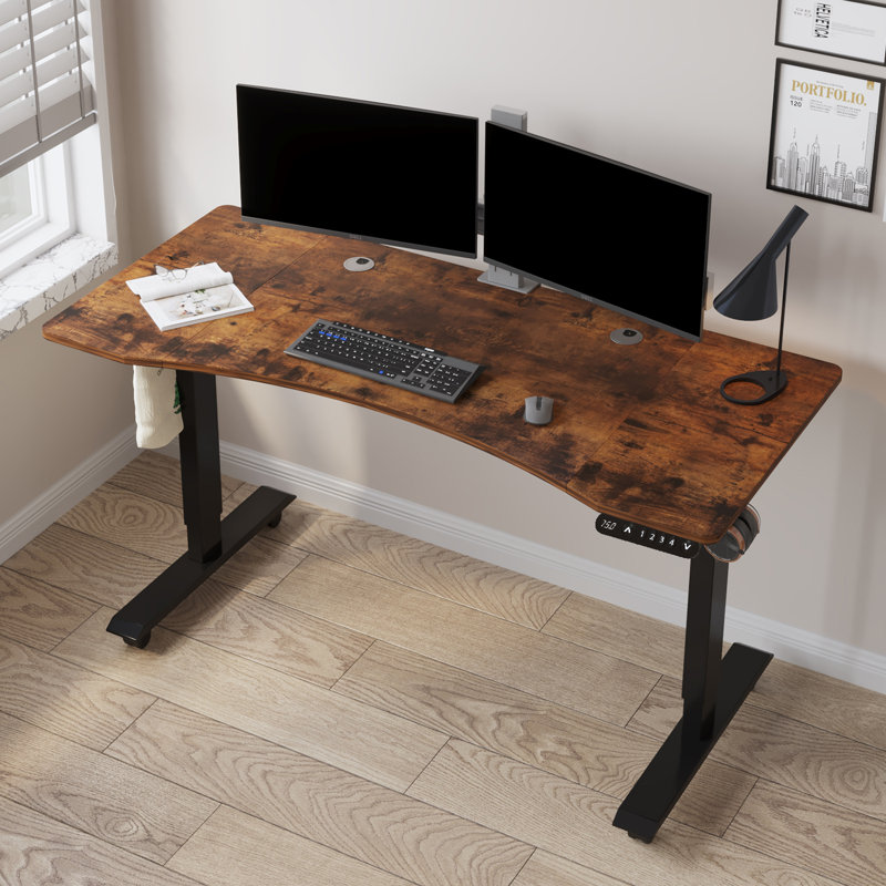 Daiah Ergonomic Curved Height Adjustable Standing Desk, Brown/Black