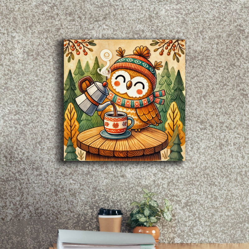  «Owl and Coffee 2» par Rey Klimt, art mural sur toile, 18 po x 18 po