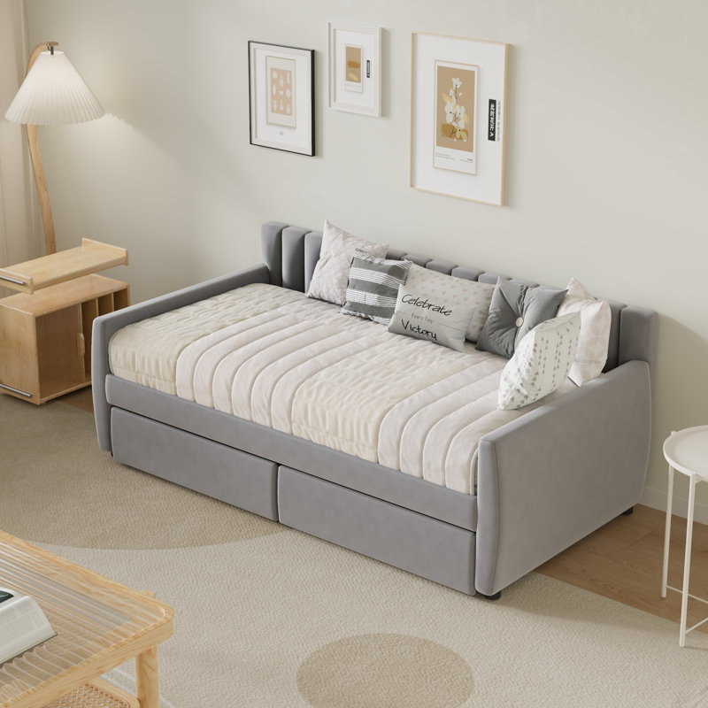 Aghwith Twin Size Upholstered Velvet Daybed with 2 Drawers - Space Maximization, No Box Spring Needed, Gray