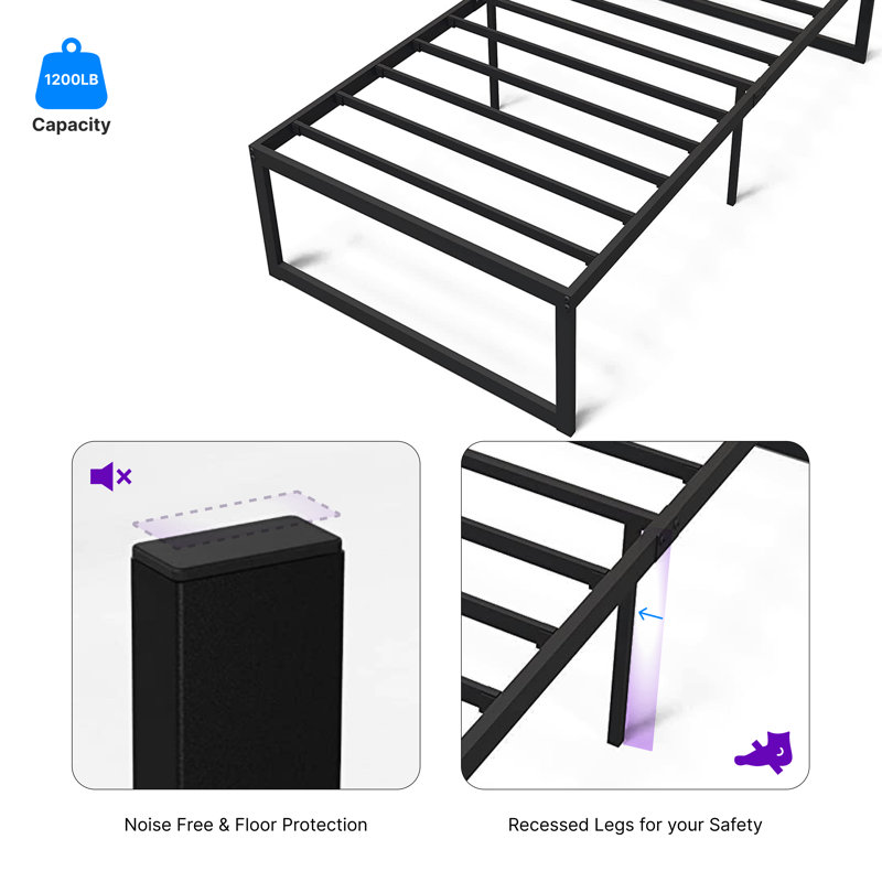 Sleek Modern Twin Metal Platform Bed Frame with Steel Slats