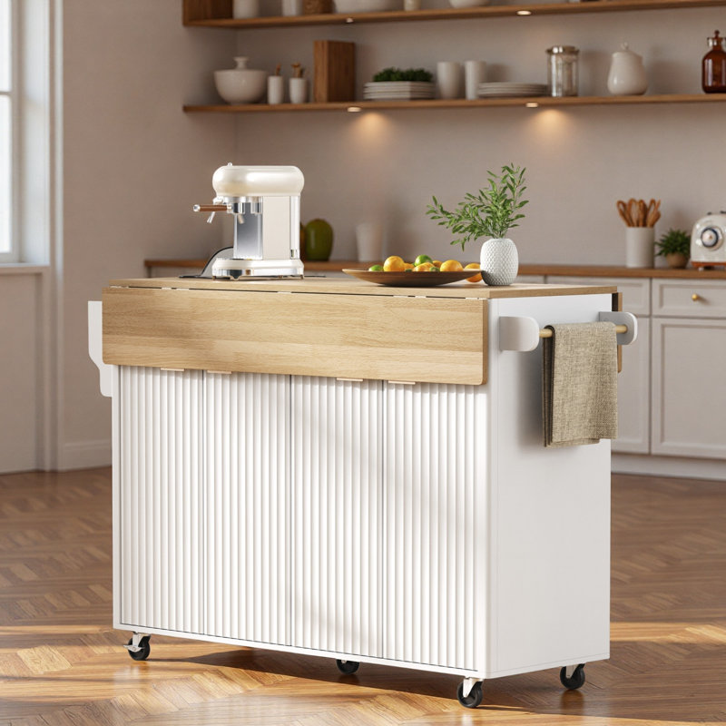 Fluted Kitchen Island With Drop Leaf, Power Outlet, Towel Rack, Spice Rack And Open Compartment, White/Natural