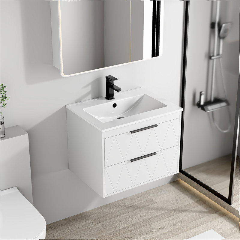 Sharee Wall Mounted Single Bathroom Vanity Set With Sink Top, Zinc Alloy Faucet And Drain, Floating Cabinet With Soft-close Drawers