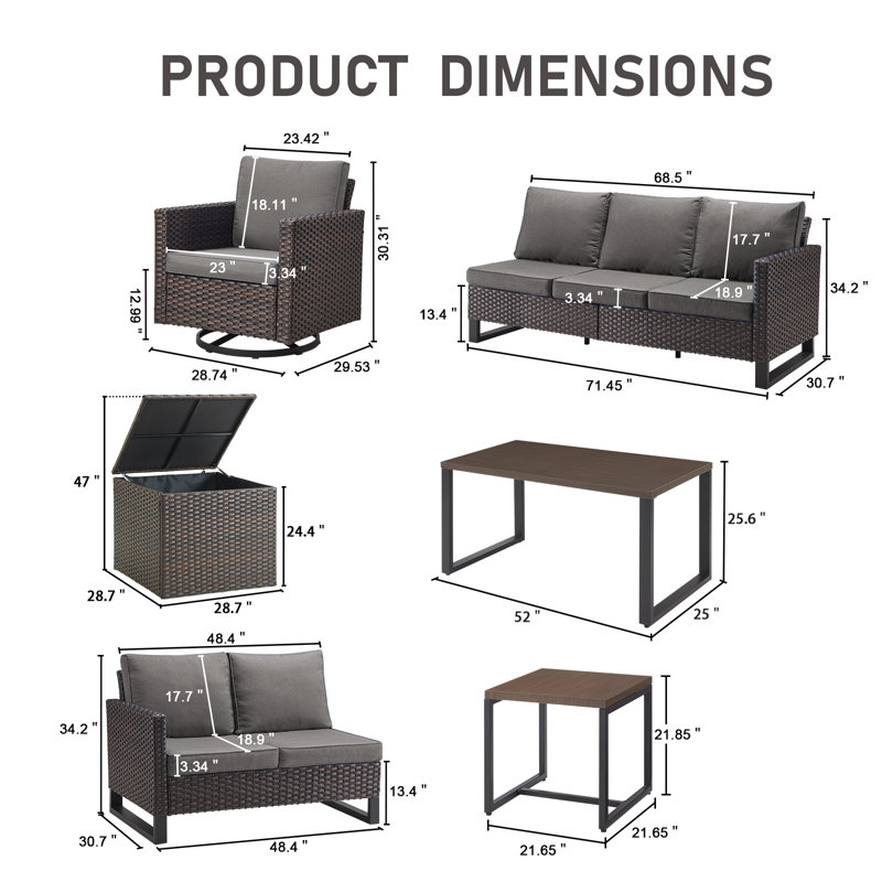 Ingvald 9 Person Outdoor Courtyard Wicker Family Conversation Set Group With Swivel Chairs And Storage, Gray