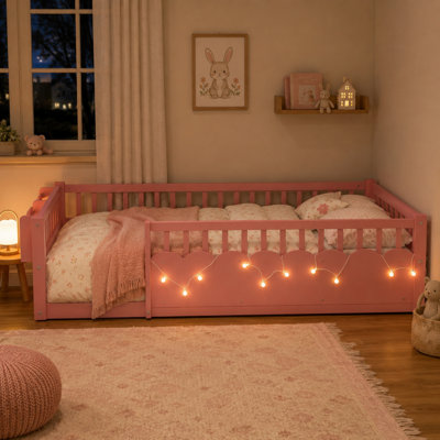 Luna Montessori Wooden Floor Bed with Safety Guardrails, Built-In Bookshelf & Warm Light