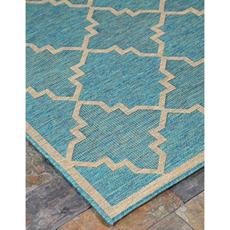 Tapis intérieur/extérieur bleu/beige à treillis géométrique à tissage plat Boutte, Rectangle 6 pi 7 po x 9 pi 7 po