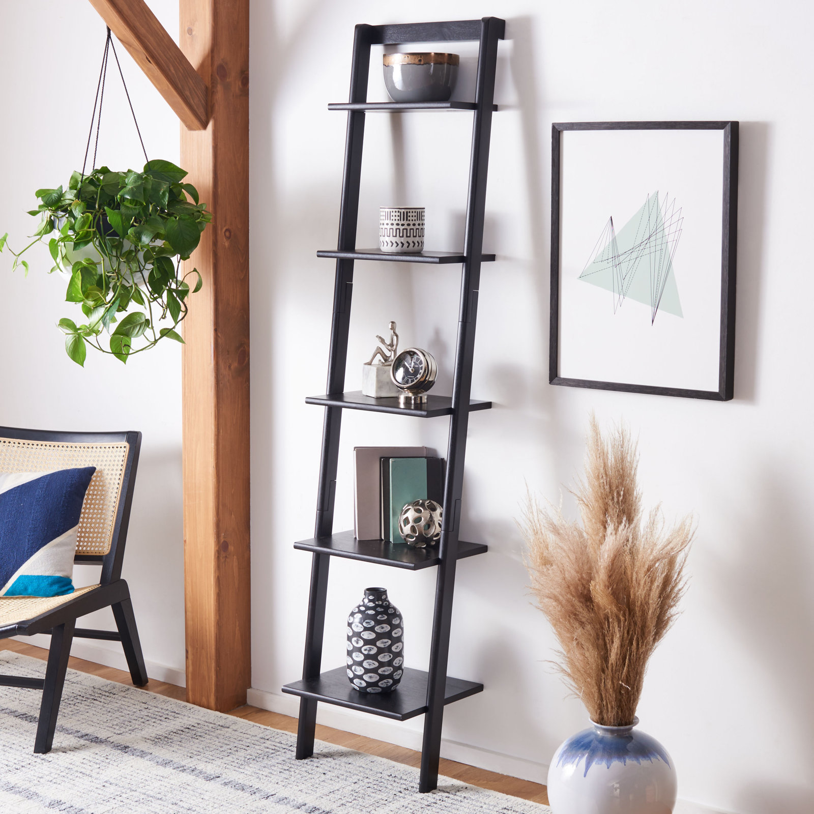 Joe Ladder Bookcase, 76" H x 17" W x 14" D, Black
