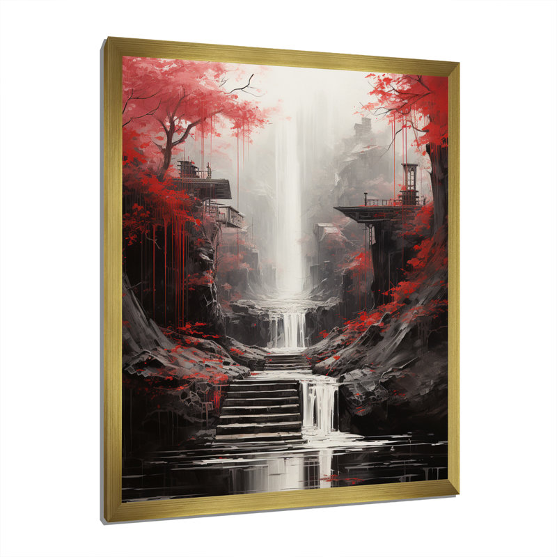 «Red Tree Endless Waterfall Journey», art sur toile, H 44 po x l 34 po x P 1,5 po, Cadre doré simple