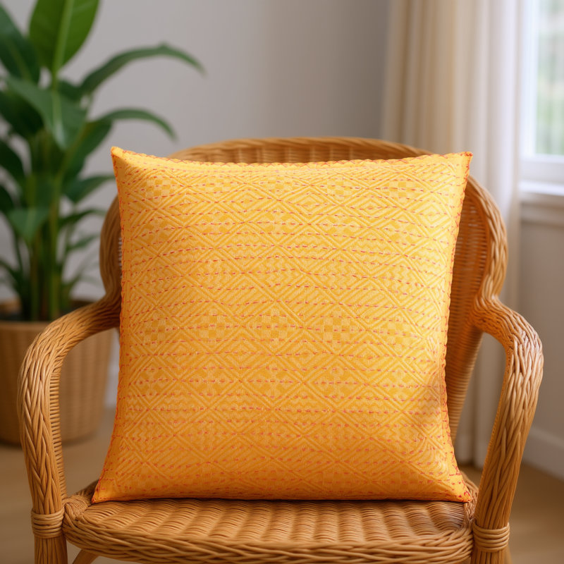 Oreiller carré en coton tissé à la main Artisan - motif losange jaune - 24 po, Polyester
