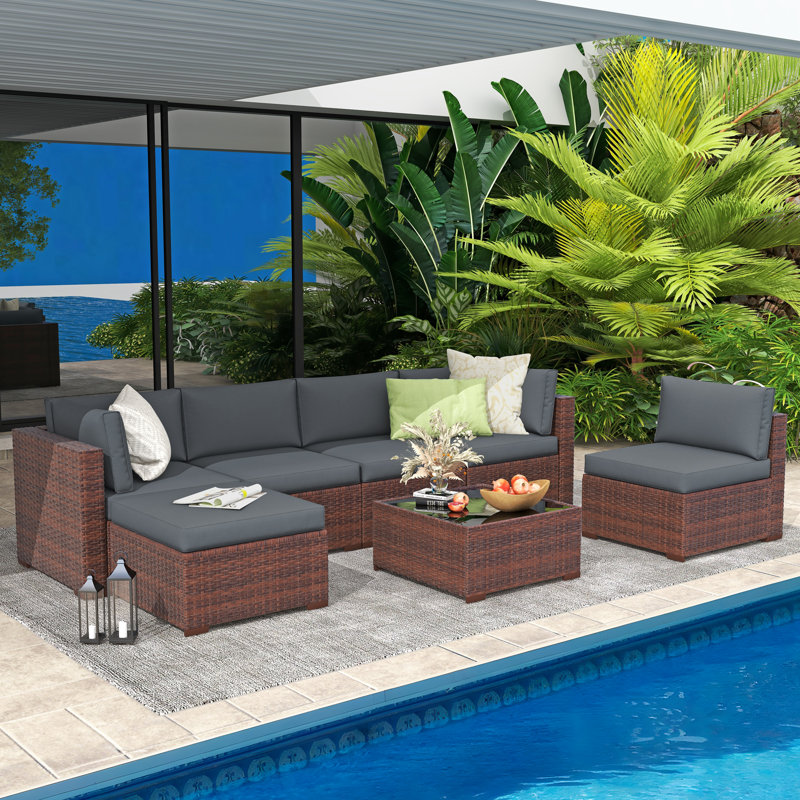 Axwell Wicker 5 - Person Modular Patio Conversation Set with Cushions, Brown Frame/Dark Gray Cushion