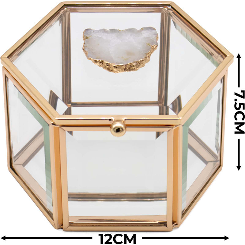Hexagon Glass Jewellery Box in Gold with Agate Crystal