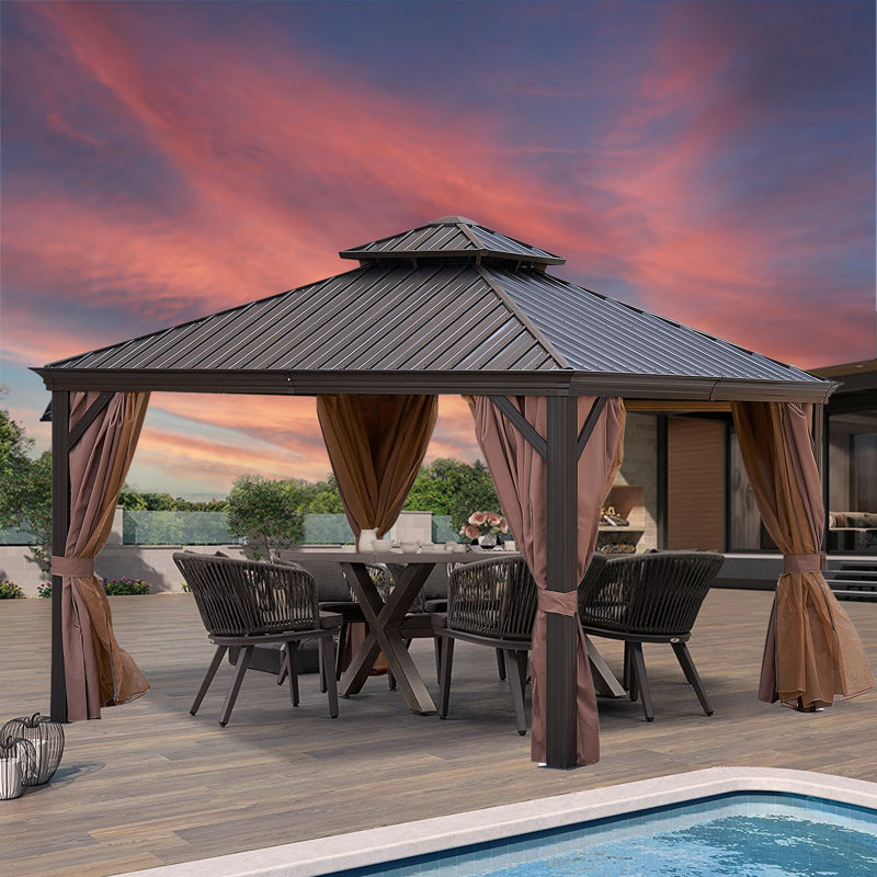 10*10 FT and 12*12FT Outdoor Hardtop Gazebo, Metal Double Roof Canopy Gazebo With Curtains And Nettings For Patio,Party.