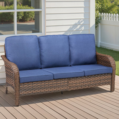 70.9" PE Wicker Rattan Outdoor Furniture Set, 3 Seat Sofa With Blue Deep Seat Cushions